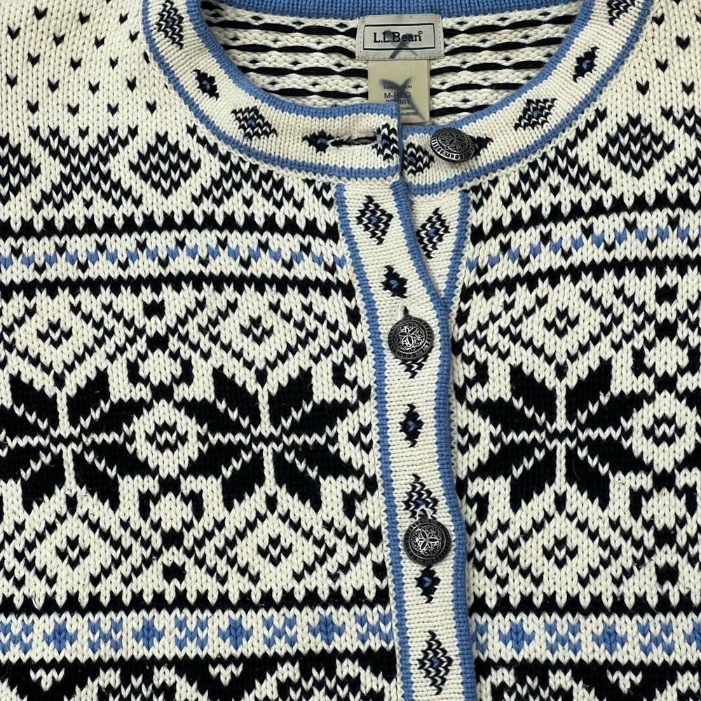 LL BEAN Cotton Cardigan Fair Isle Snowflake Nordic Print Pewter Button - Picture 7 of 10